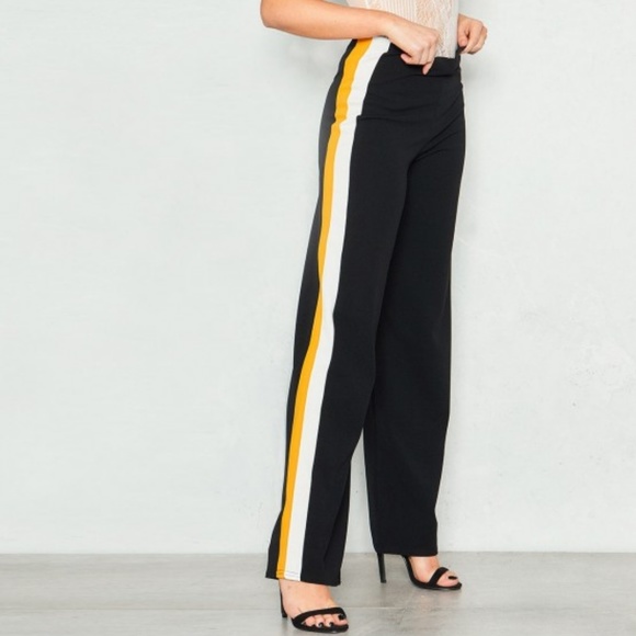 PrettyLittleThing Pants - NEW Black Double Stripe High Waisted Wide Leg Pant